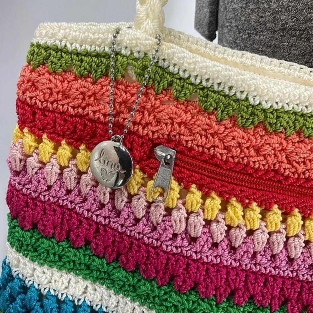 Lina Rainbow colored boho crocheted braided handle shoulder purse